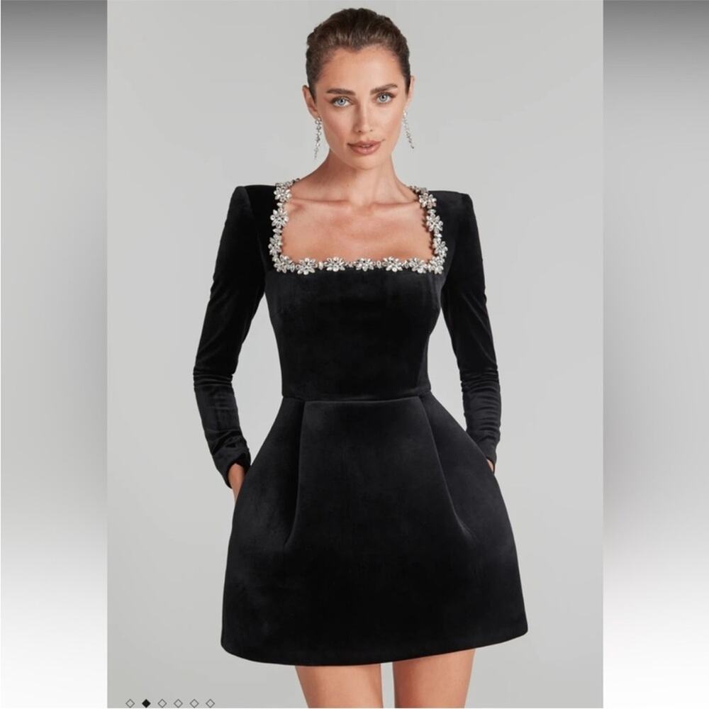 Nadine Merabi Kimberly Long Sleeve Embellished Velvet Minidress in Black 4